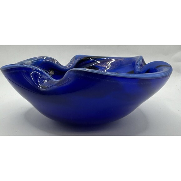 Vintage MCM Blue Glass Ashtray Murano Cobalt Blue Aqua Glitter Triangular - Picture 4 of 8